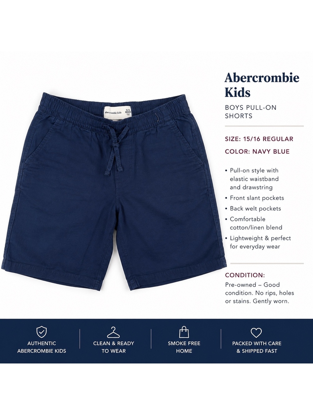 Abercrombie Kids Boys Navy Pull-On Shorts Size 15/16 Regular